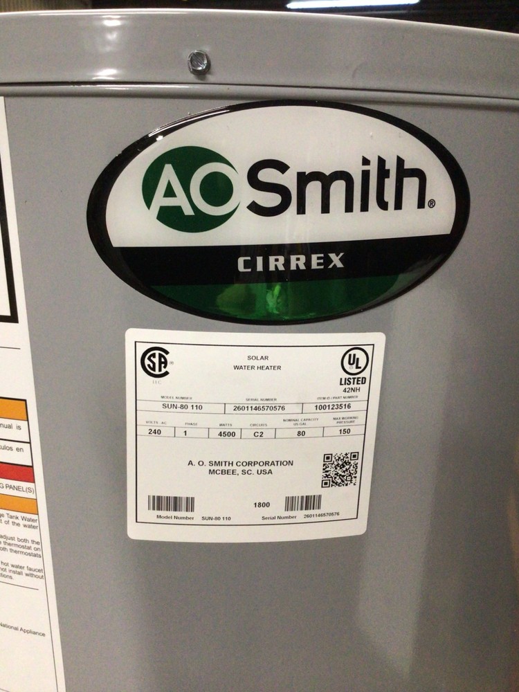 AO Smith SUN-80 Cirrex 80 Gallon Solar Water Heater Tank 240V NEW