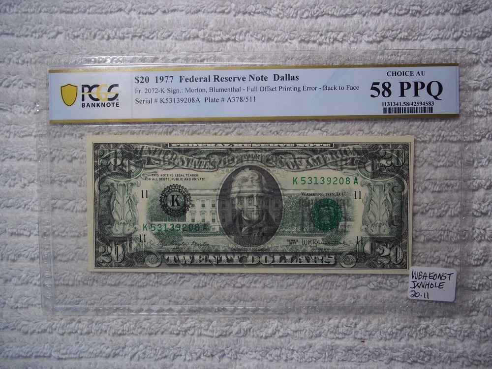 1977 $20 ERROR - Back to Face FULL OFFSET PCGS 58 PPQ E4