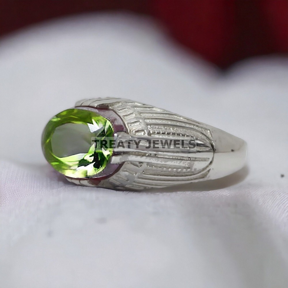 Peridot Oval Cut Gemstone With 14K Solid White Gold Ring For Men's #954