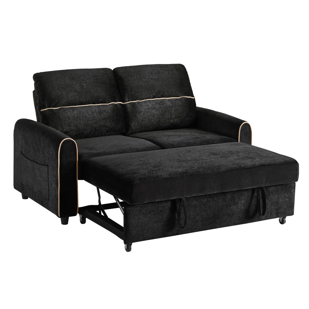 Chenille Sofa Bed Pull Out Sleeper w/ USB Charging, 3-Position Backrest Black