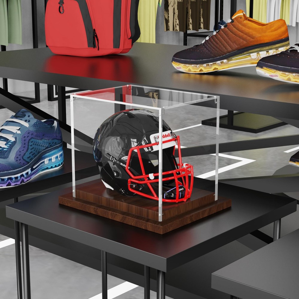 VGMiu Mini Helmet Display Case with Wood Base, Clear Case,