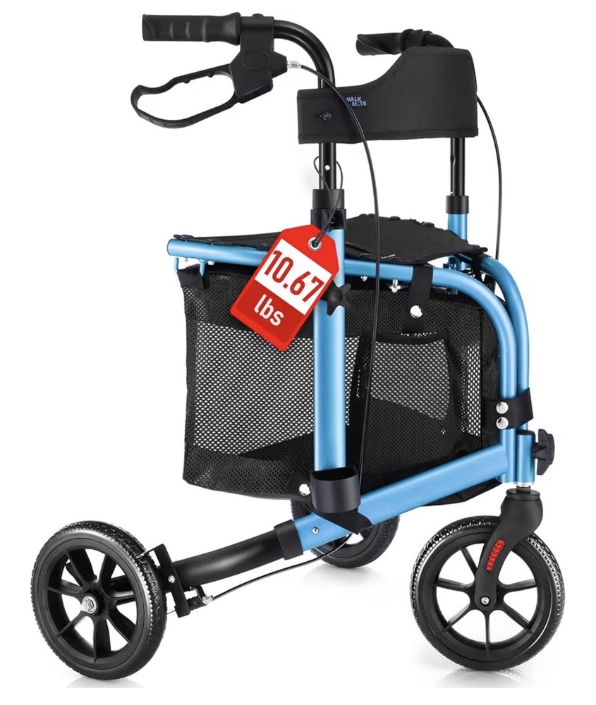 WALK MATE 3 Wheels Rollator Walker 10Lb SeatBackrest Lightweight Foldable Blue