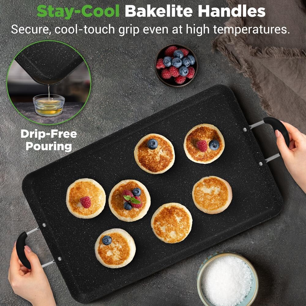 NutriChef Non-Stick Double Burner Griddle, Dishwasher Safe Bakelite Handle-Black