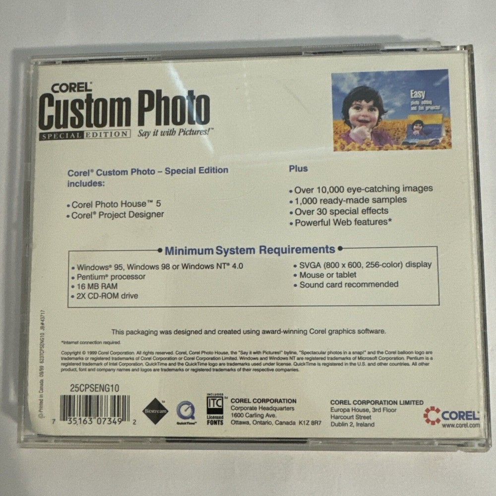 Corel Custom Photo Special Edition for Windows 95 98 NT. Case Broken