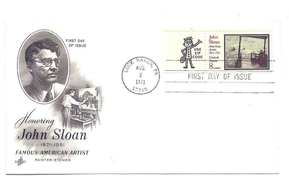 1433 John Sloan ArtCraft zip tab single FDC