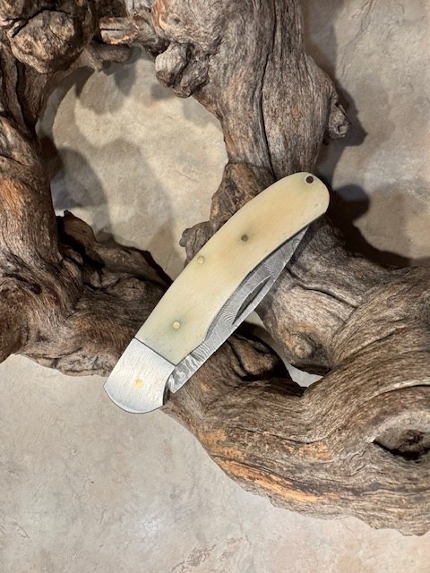 Big Damascus folding blade knife w/ white bone handle