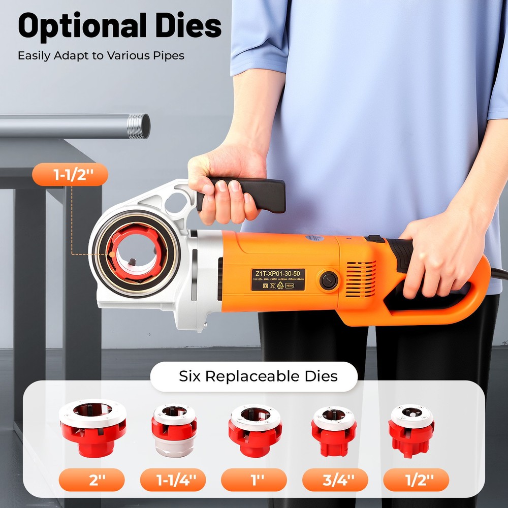 Handheld Electric Pipe Threader Threading Machine with 6 Dies，1/2" - 2 Inch