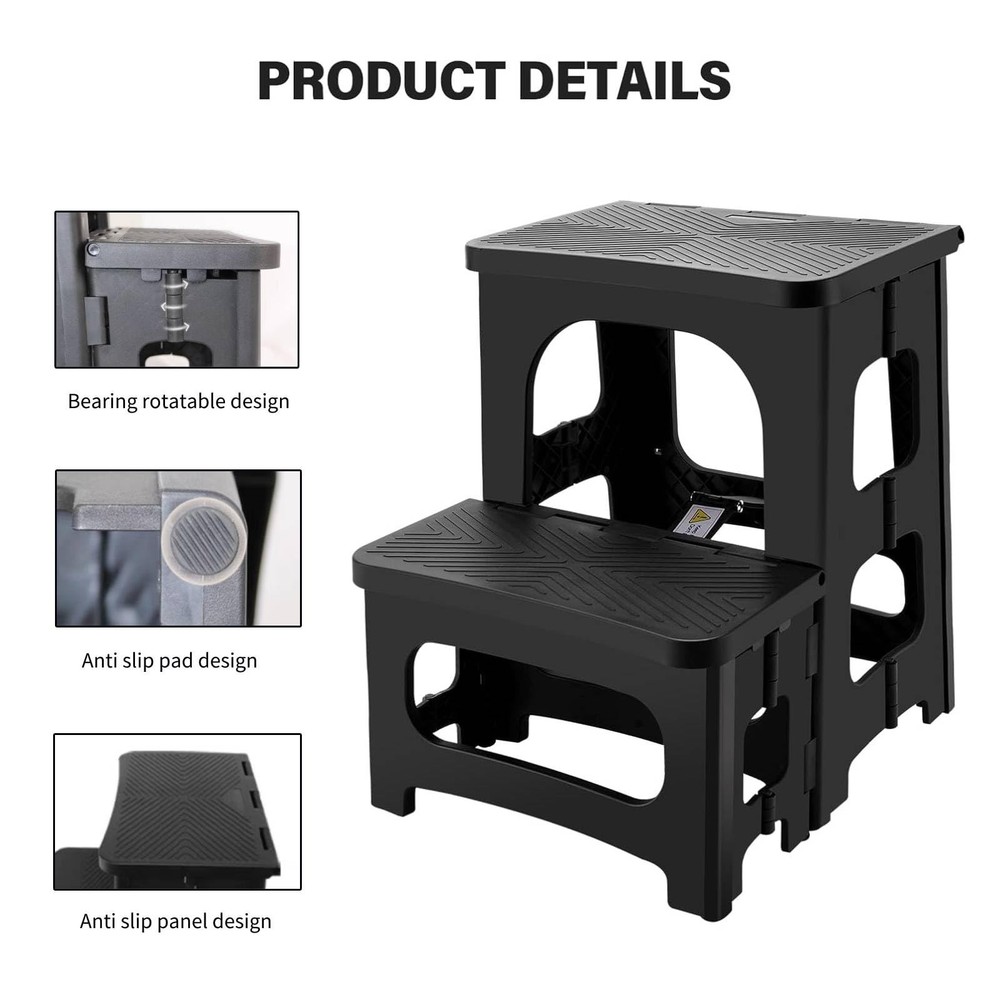 2-Step Folding Stool, Non-Slip Folding Step Stool Plastic Steps Ladder, Porta...