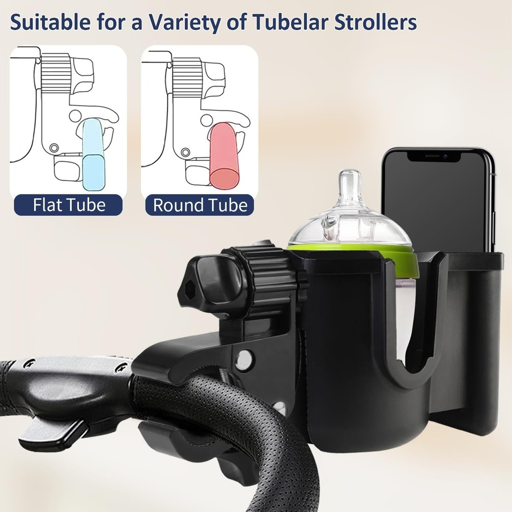 Universal Stroller Cup Holder with Phone Mount 360° Rotating Clip
