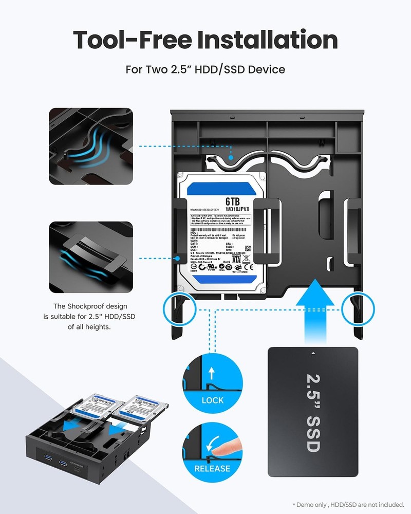GRAUGEAR 5.25 Inch Internal USB Hub Front Panel – USB‑C 20Gbps + 2X