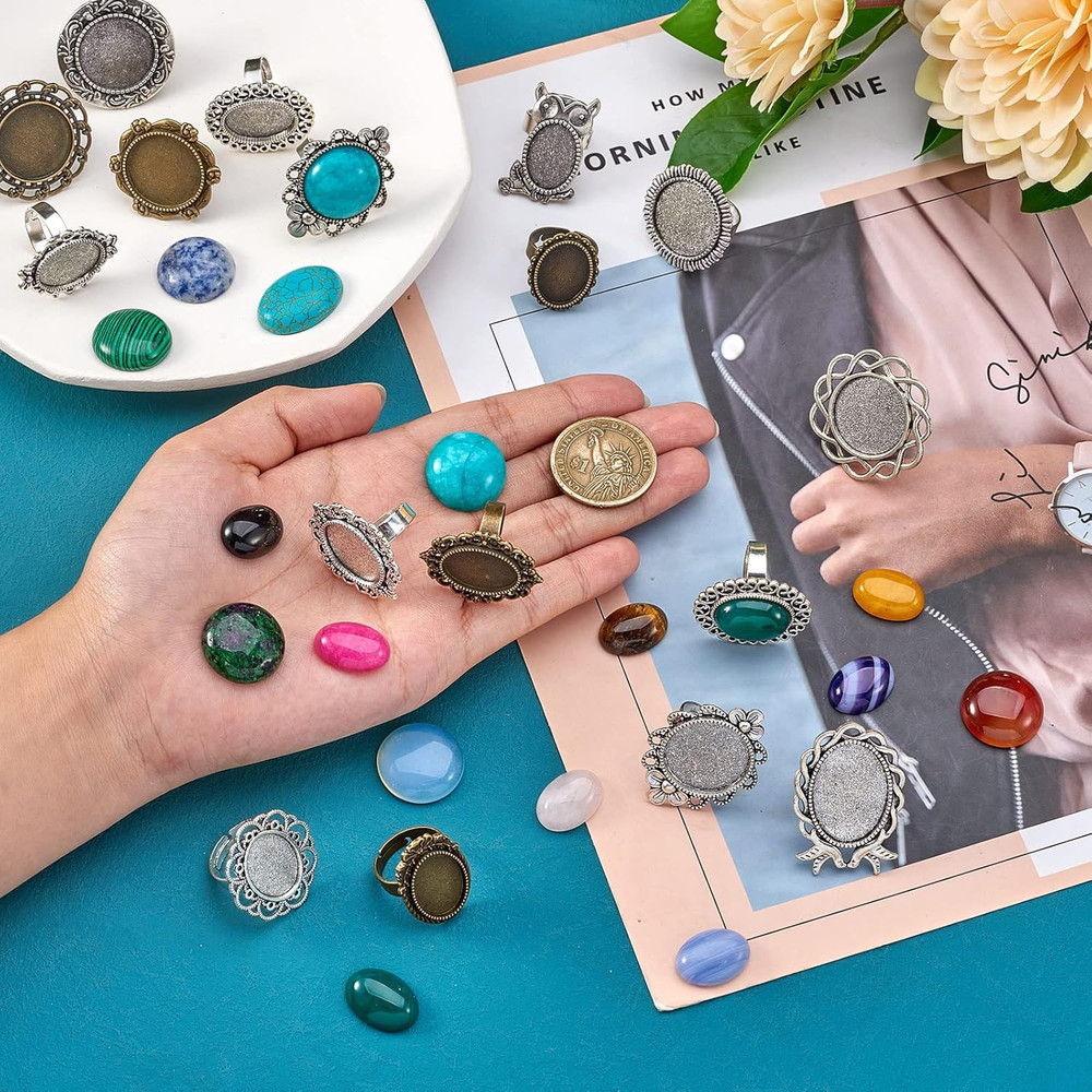 30 Piece Antique Ring Making Kit Adjustable Blank Floral Cabochon Ring Setting,