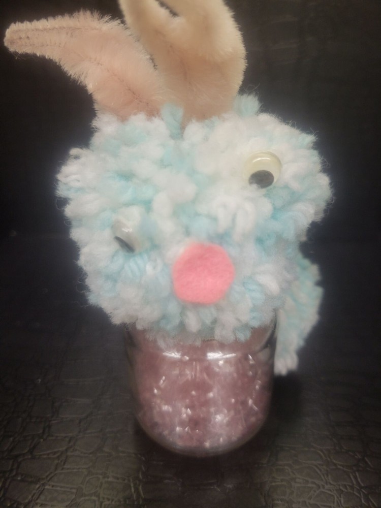Vintage Handmade Pompom Bunny Glass Jar Easter Decor