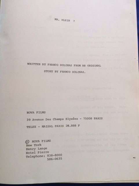 MR. KLEIN? - PRODUCER'S SCRIPT FOR THE JOSEPH LOSEY FILM