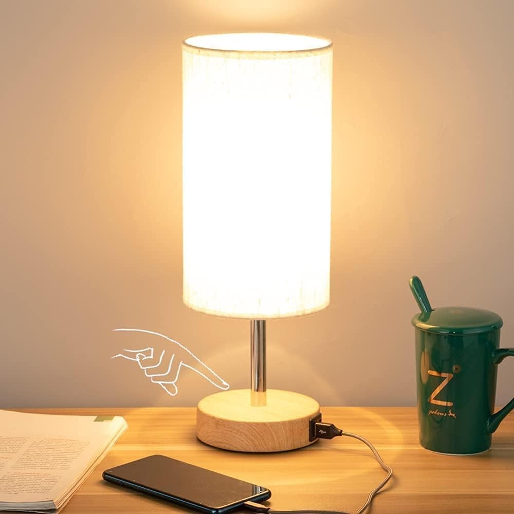 Yarra-Decor Bedside Table Lamp with USB Port - Touch Control Small, Fabric