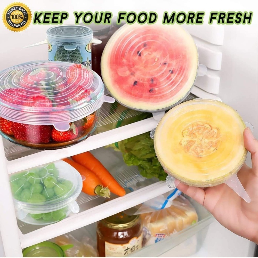 6 Pack Silicone Stretch Lids - Adjustable Sizes, Keeps Food Fresh & Spill-Proof