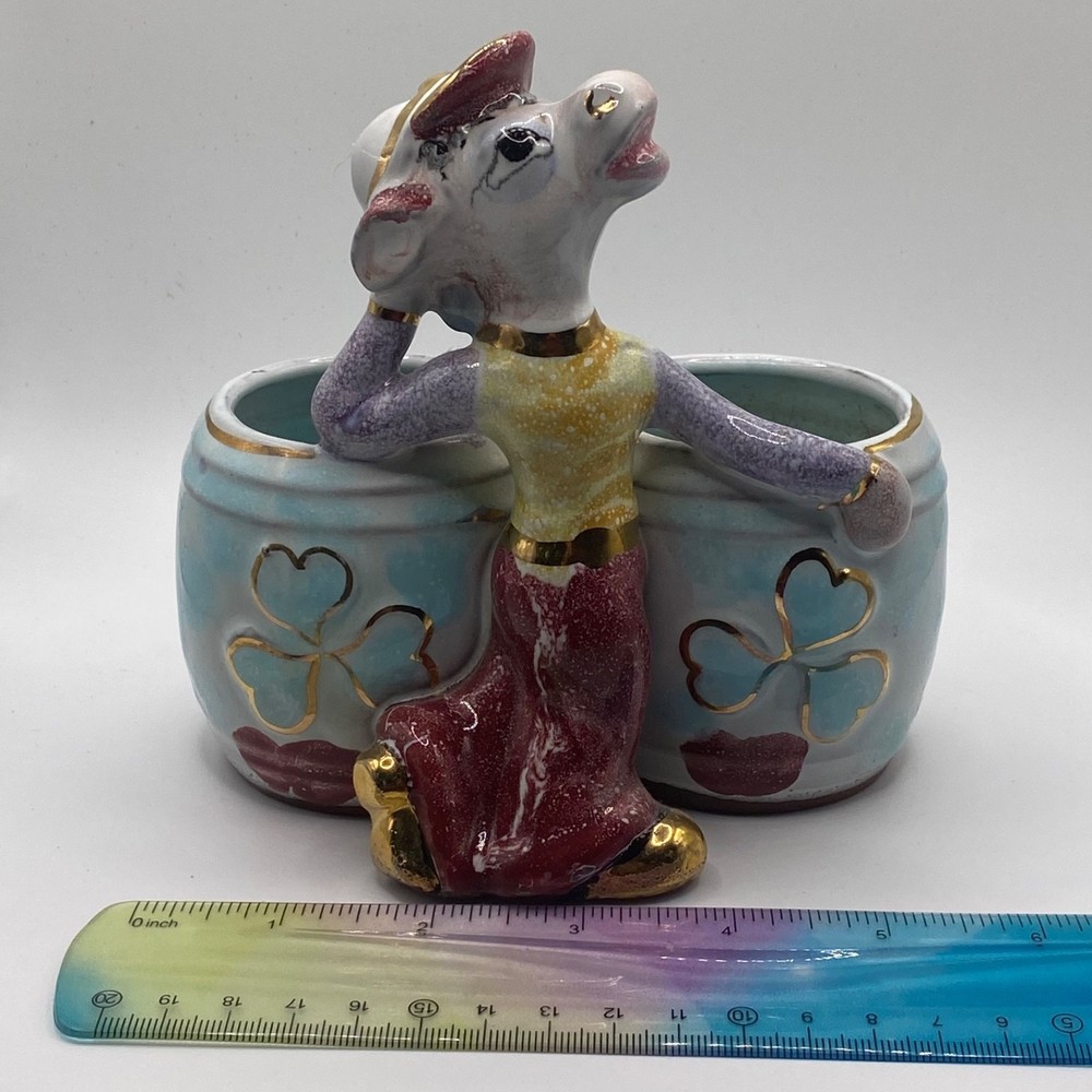 Vintage Redware Ceramic Anthropomorphic Donkey Double Planter Vase Kitsch