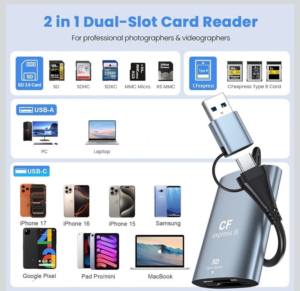 CFexpress Type B and SD Two-Slot Card Reader USB 3.1 Gen 2 10Gbps Type B Reader