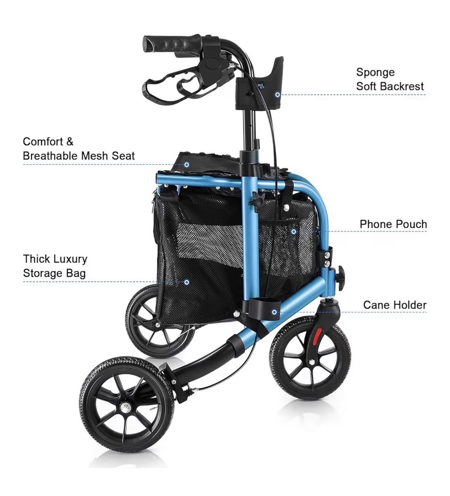 WALK MATE 3 Wheels Rollator Walker 10Lb SeatBackrest Lightweight Foldable Blue