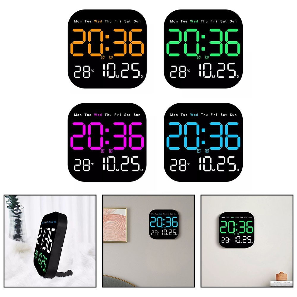 Digital Wall Clock Temperature Date Week Display Adjustable Brightness
