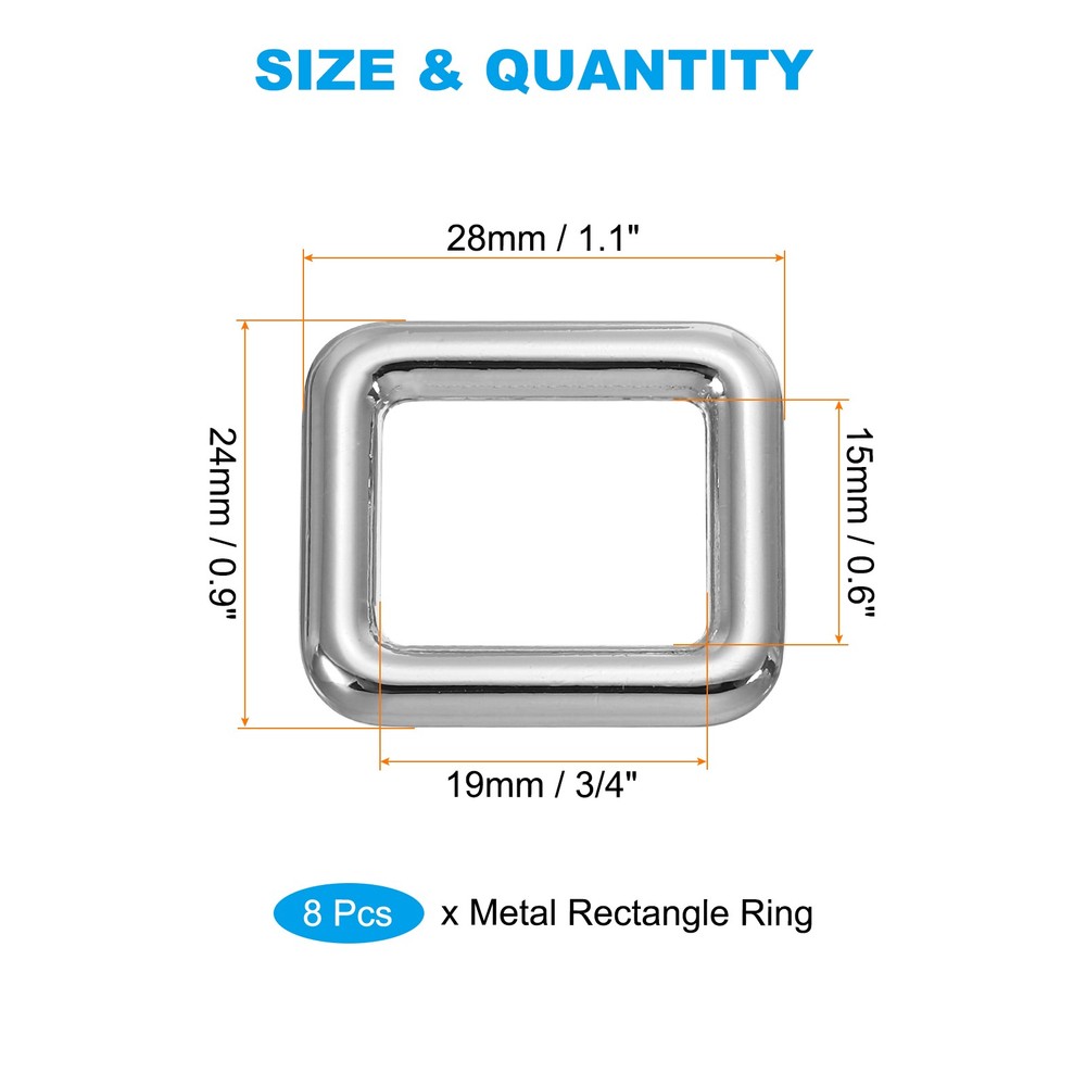 8Pcs 3/4" / 19mm Flat Metal Rectangle Rings Buckle Square Loop Silver
