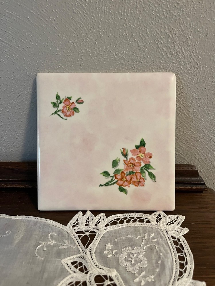 Vintage Handpainted Ceramic Tile with Roses