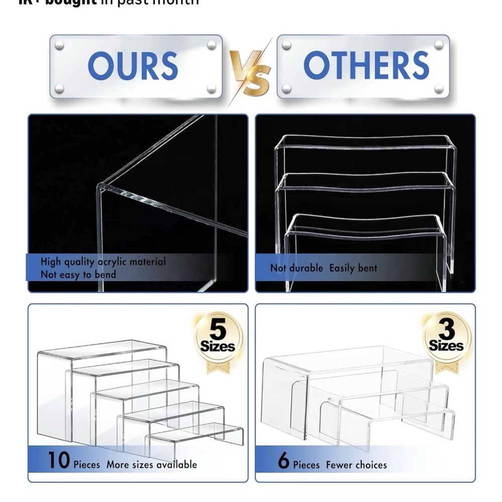 Large Acrylic Risers, 10 Pcs 2 Set(7”L~8”L~9”L) Riser Display Shelf