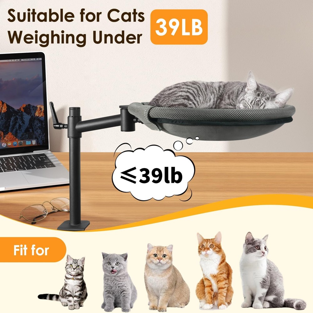 Crazydeer Cat Desk Bed, 360° Rotating Height Adjustable Desk Cat Nest, Eleva...