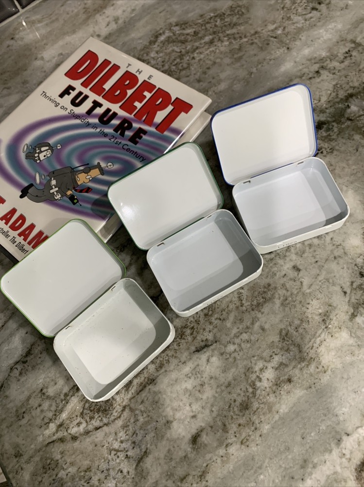 3 Dilbert IMPROVE-MINTS & Accomplish-Mints Candy Tin Box Containers & book, c9