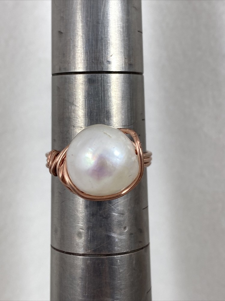 Handmade ~ Copper Wire Wrap ~ White Pearl Ring ~ Size 7 #171