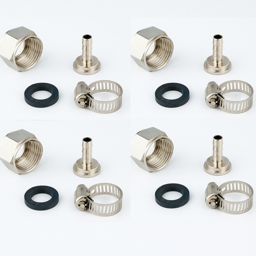 4 Sets of 1/4" Beer Line Tubing Fittings - Hex Nut Tailpiece Hose Clamp Washer