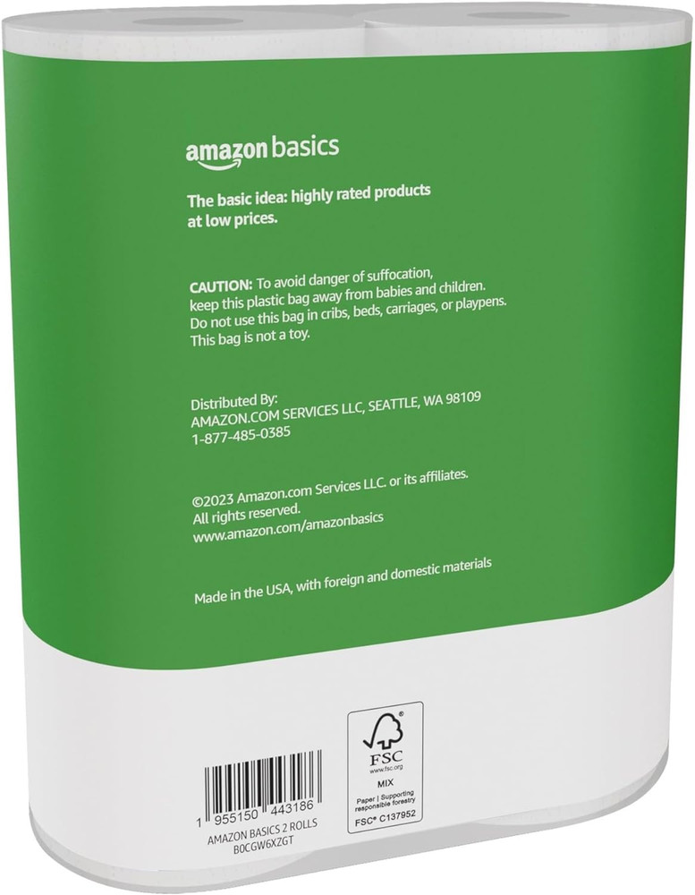 Amazon Basics 2-Ply Flex-Sheets Paper Towels, 2 Basics Rolls = 5 Regular Rolls,