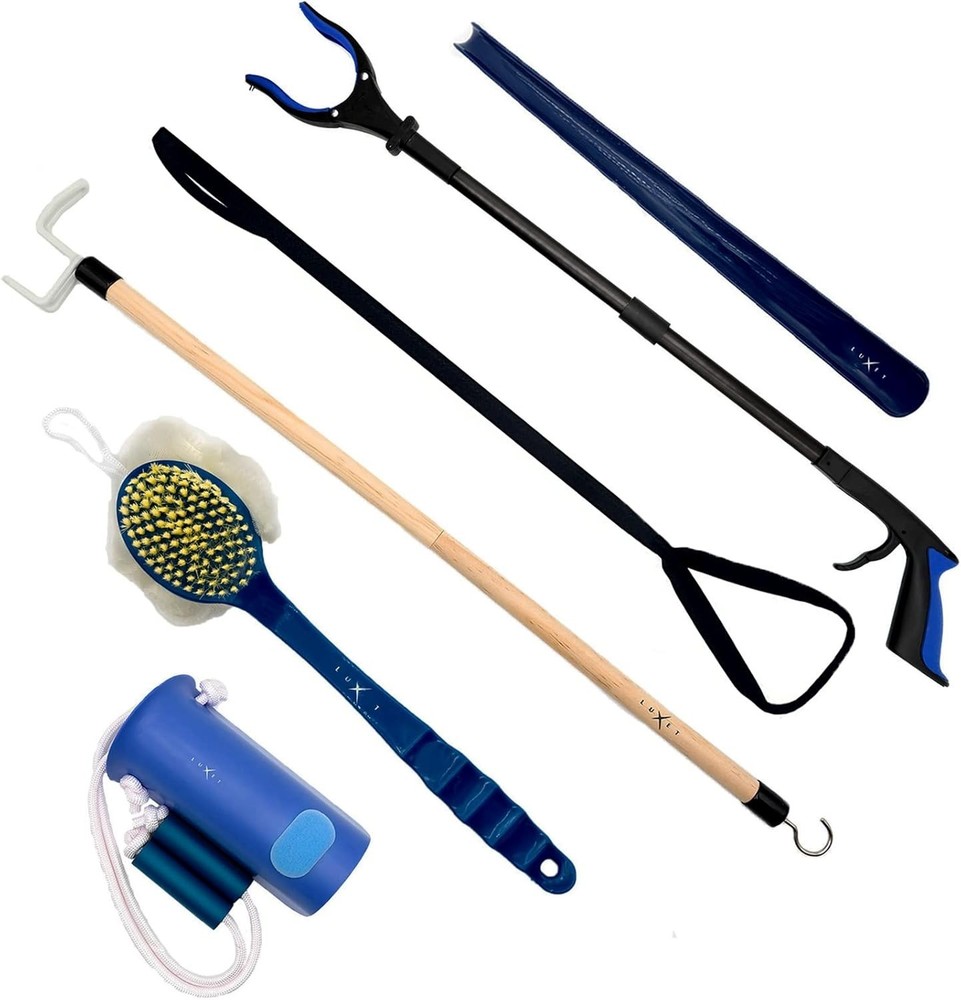 6PC Hip Replacement Kit with 32" Grabber Tool, Sock Aide & Dressing Stick - Blue