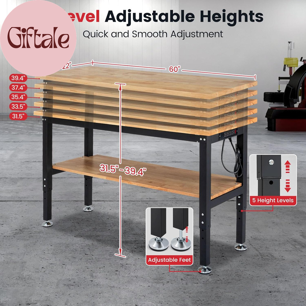 Work Table for Garage 60 X 22 Inch Adjustable Height Workbench Heavy Duty Rubber
