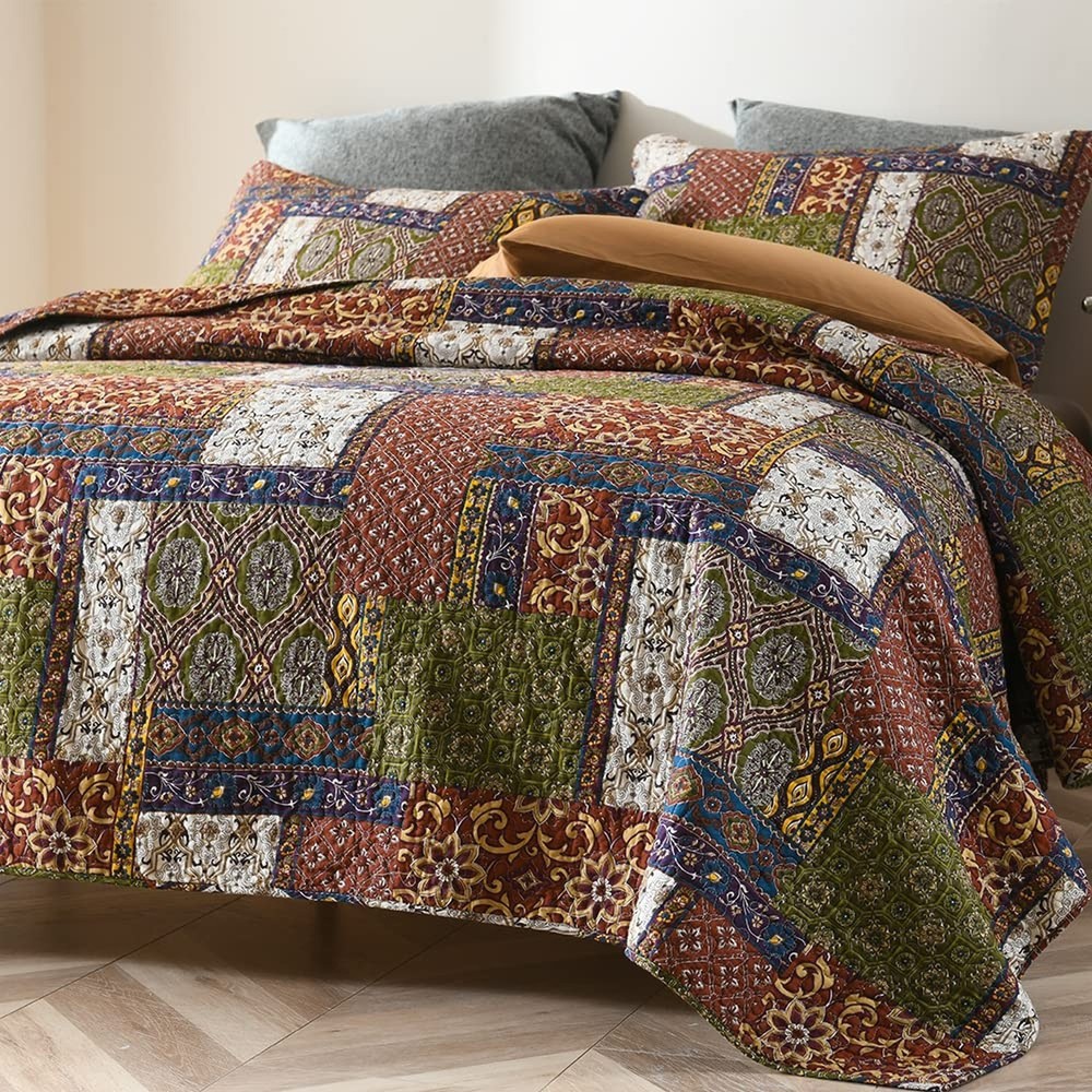 Cotton Bedspread Quilt Sets Reversible Bedding Coverlet Sets Comforter Patchw...