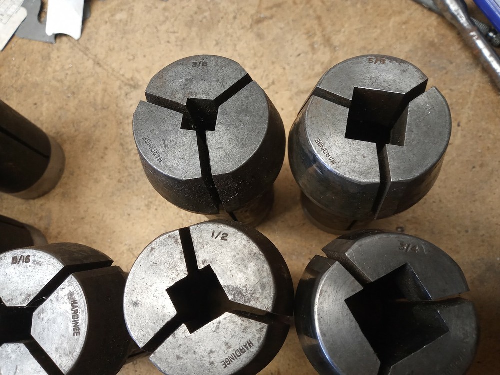 13 Hardinge collets, square, hex with chuck and ect NO THREADS (SEE DESCRIPTION)