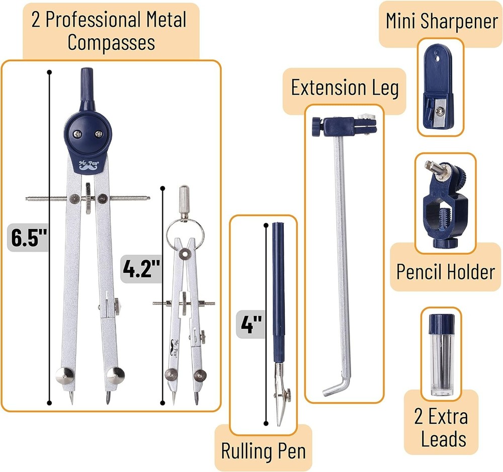 Professional Geometry Compass Set - 7-Piece Precision Tool Kit in Shatterproo...