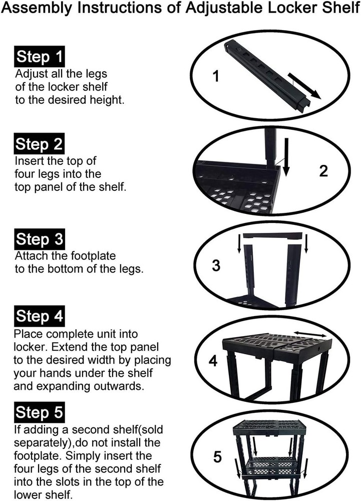 Locker Organizer Shelf， Adjustable Width and Height, Ideal Locker (Black)