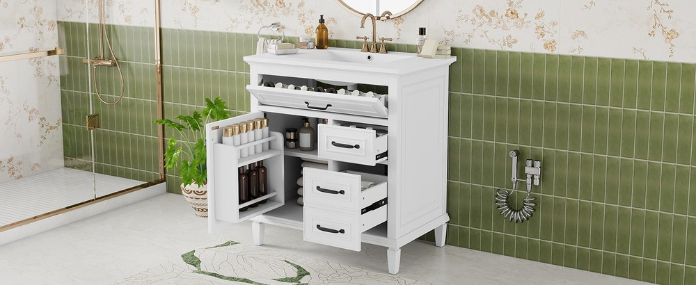 30" White Bathroom Vanity with Ceramic Sink and Solid Wood Cabinet
