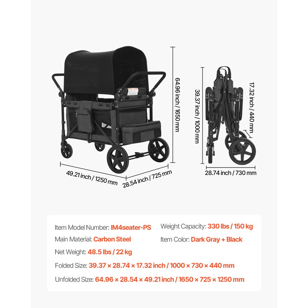Wagon Stroller 4 seater Push Pull Quad Collapsible Stroller 330LBS with Canopy