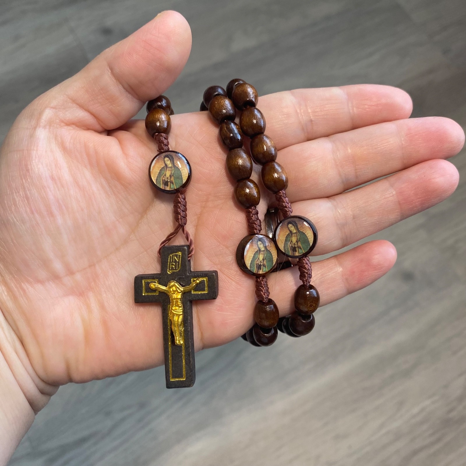 Our Lady of Guadalupe Devotional Cord Rosary Wood + Laminated Prayer Card Cross