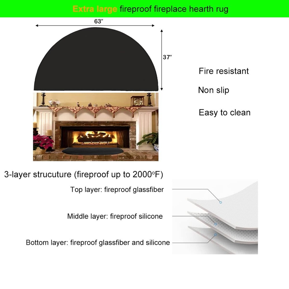 63″x37″ Extra Large Half Round Fireproof 3'1" x 5'3" (Semicircular), Black
