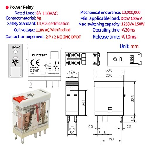 Power Relay Electromagnetic with Test Button 110V 120V AC 8 Pin- 8A AC 110V