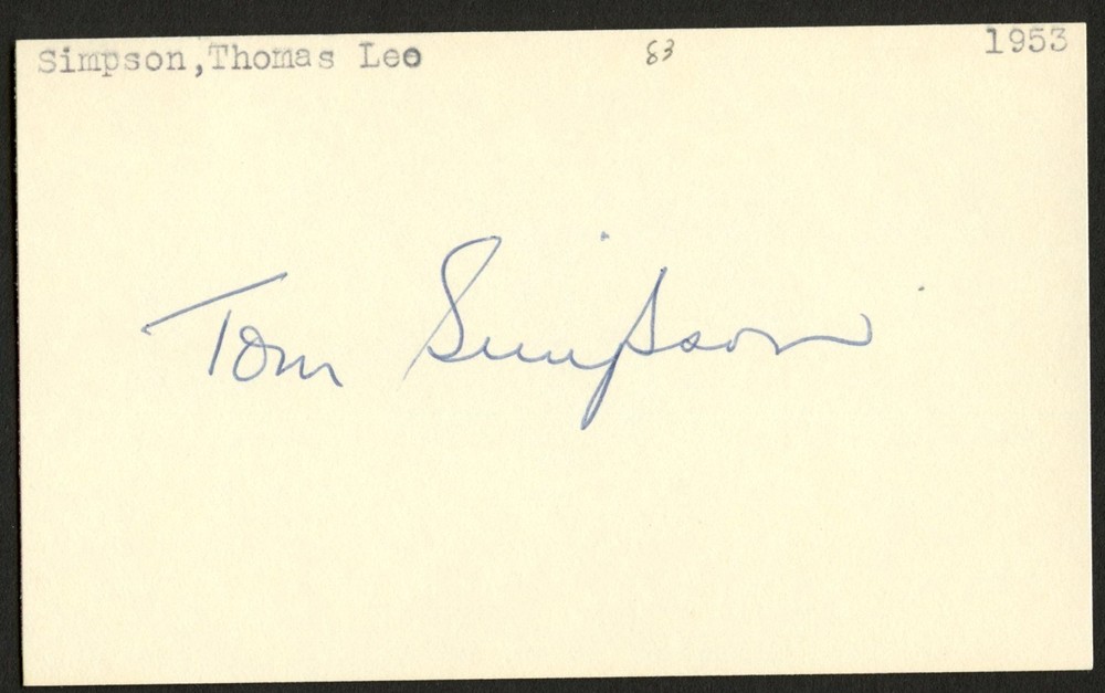 Tom Simpson d2021 signed autograph Baseball Player 3x5 Index Card MC219