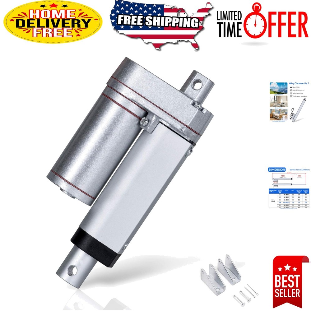 Durable 12V 330lbs Linear Actuator with Low Noise Operation & Mounting Brackets