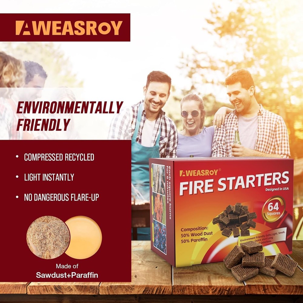 64 Pack Fire Starter Squares - Fast, Safe, & Effective for Fire Lighting