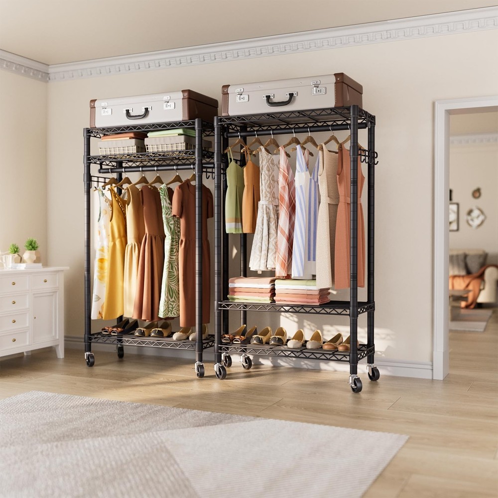 Heavy Duty Clothes Rack Rolling Garment Rack,3 Tier Adjustable Wire Shelving ...