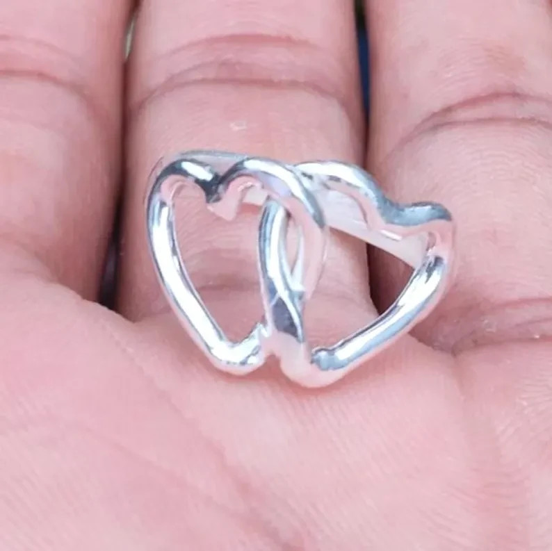 Solid 925 Sterling Silver Double Heart Ring Handmade Statement All Size Ring R43