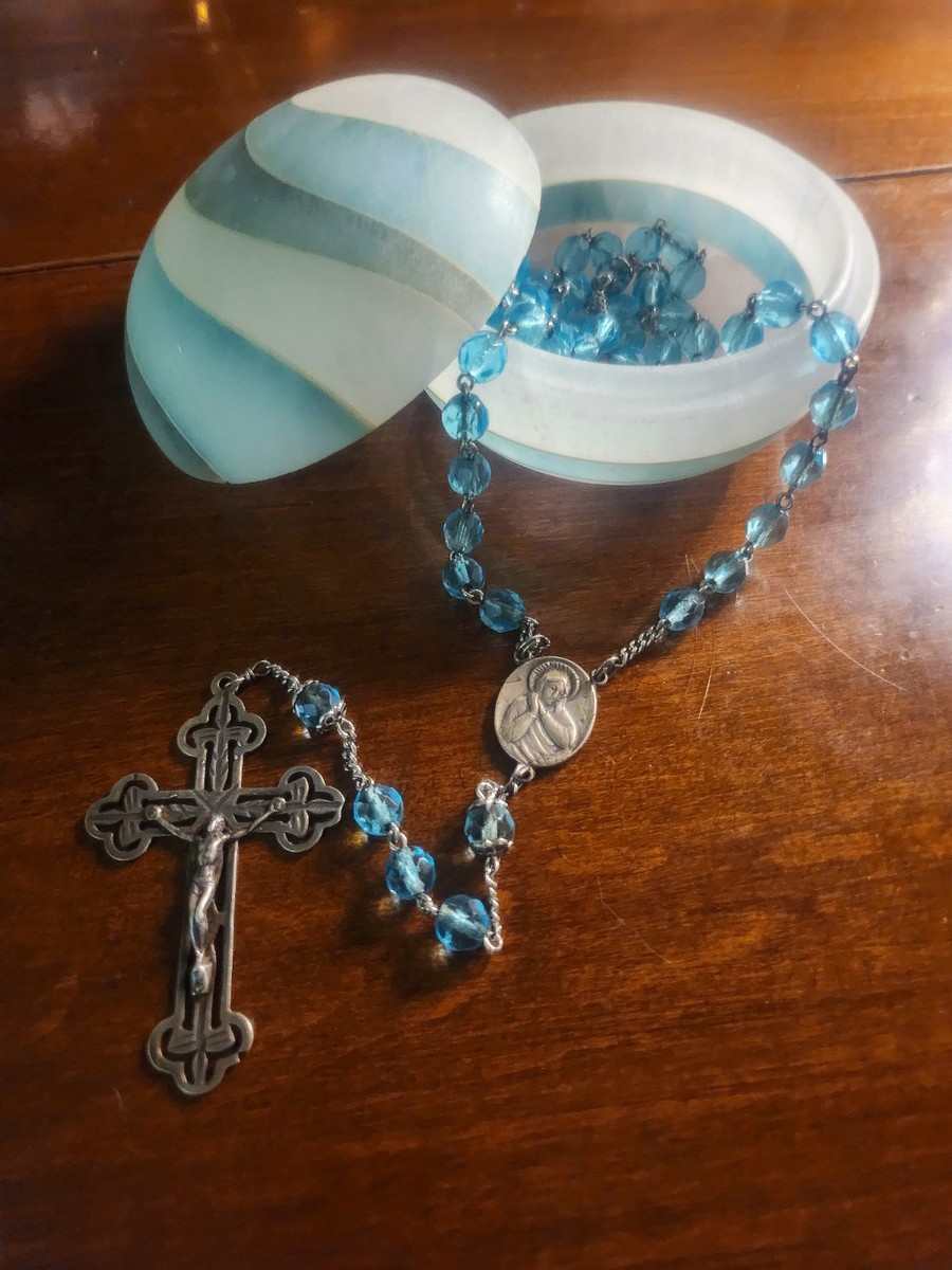 Vintage Italy Sterling Silver Aqua Blue Crystal Rosary & Vtg MCM Alabaster Case