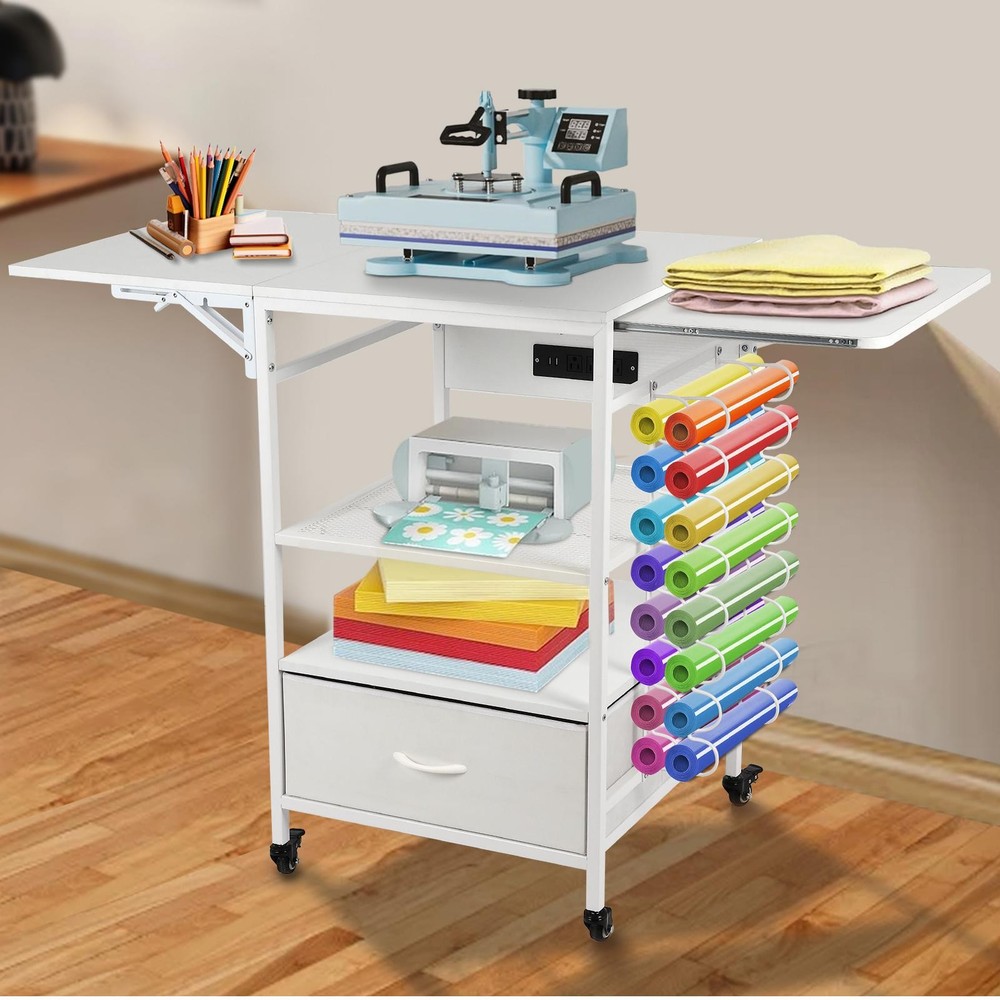 Movable Heat Press Table - 3 Tier Rolling Craft Table with Charging Station