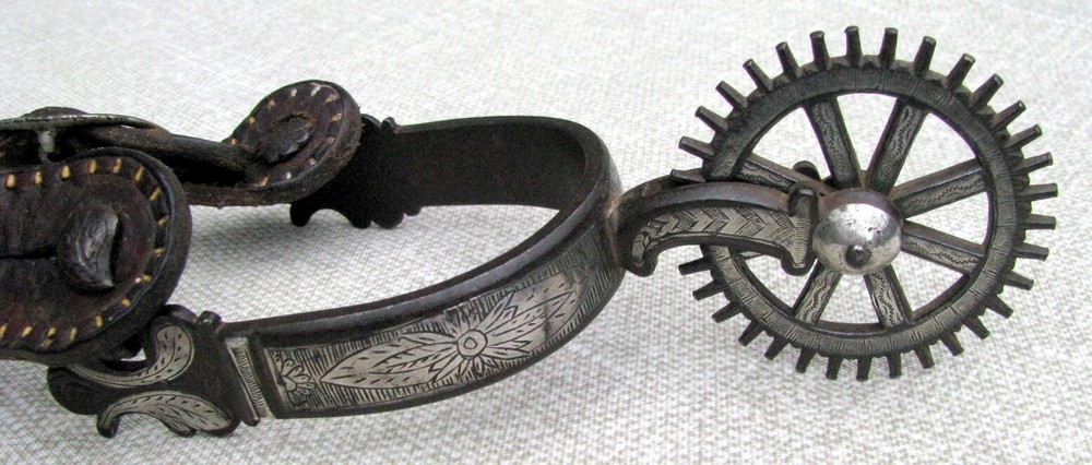 SPANISH COLONIAL TRANSITIONAL DBL MTD ENGRAVED 2 PATTERN CLOCK GEAR ROWELS c1850